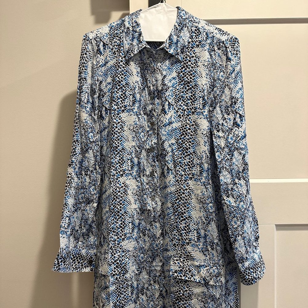 Equipment Femme Blue/Black Snake Print Silk Button Shirt Dress Pockets Womens M